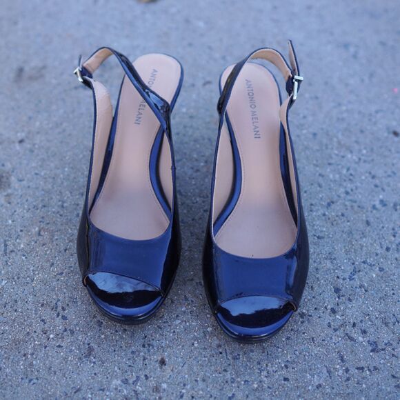 Antonio Melani Haleen Navy Patent Peep Toe Slingback Platform Heels 9.5 - Picture 2 of 9